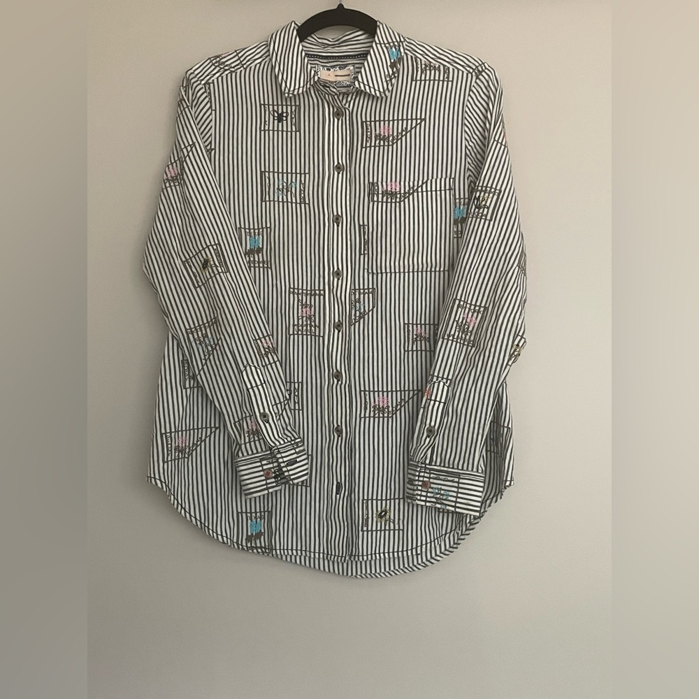 PILCRO (Anthropologie) embroidered striped button down, sz XS (fits like S!)